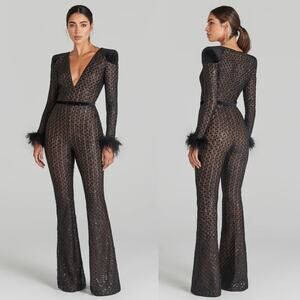 Nadine Merabi Rachel Black Lace Feather Trim Plunge V-Neck Jumpsuit 0 NWT